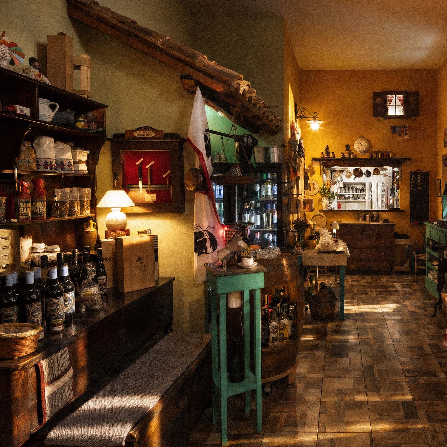 Ingresso e sala dell'Osteria del Seminario con luce calda