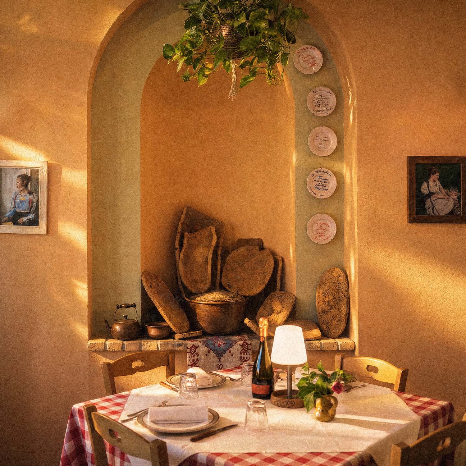 Angolo della sala con nicchia, piante e tavolo apparecchiato
